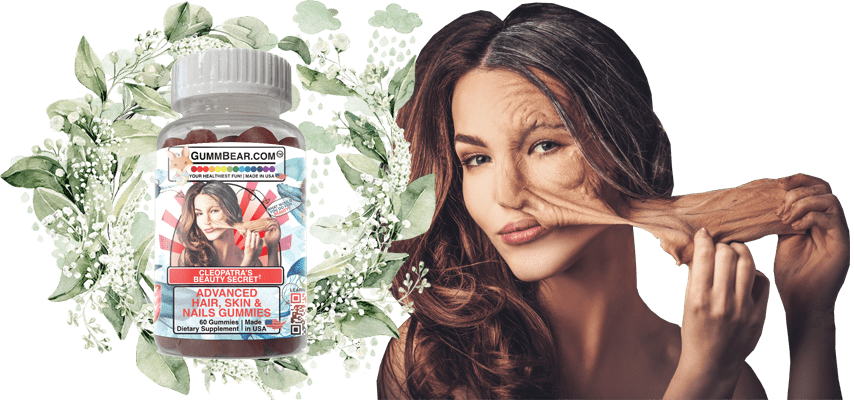 GummBear Cleopatra Beauty Secret - Advanced Hair, Skin And Nails Gummies - Girl Tearing Off Her Bad Skin, Bad Hair And Bad Nails To Beautiful Supple Skin, Luscious Hair and Stronger Nails