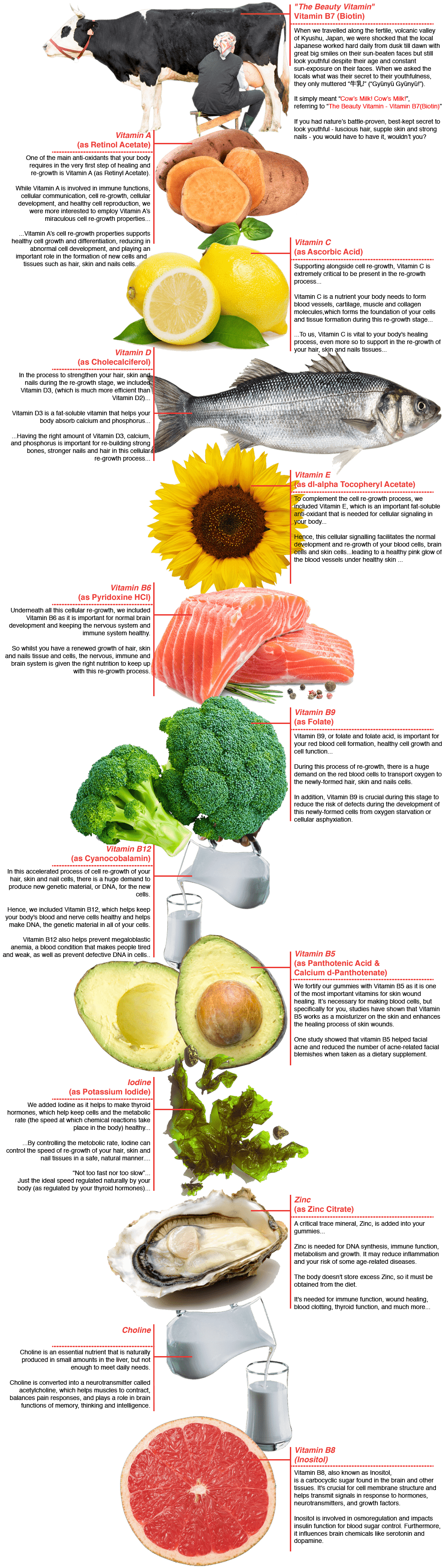 GummBear Ingredients for Grow Hair Grow - Hair Vitamin Gummies - which includes Vitamin B7 Biotin, Vitamin A, Vitamin C, Vitamin D and Vitamin E